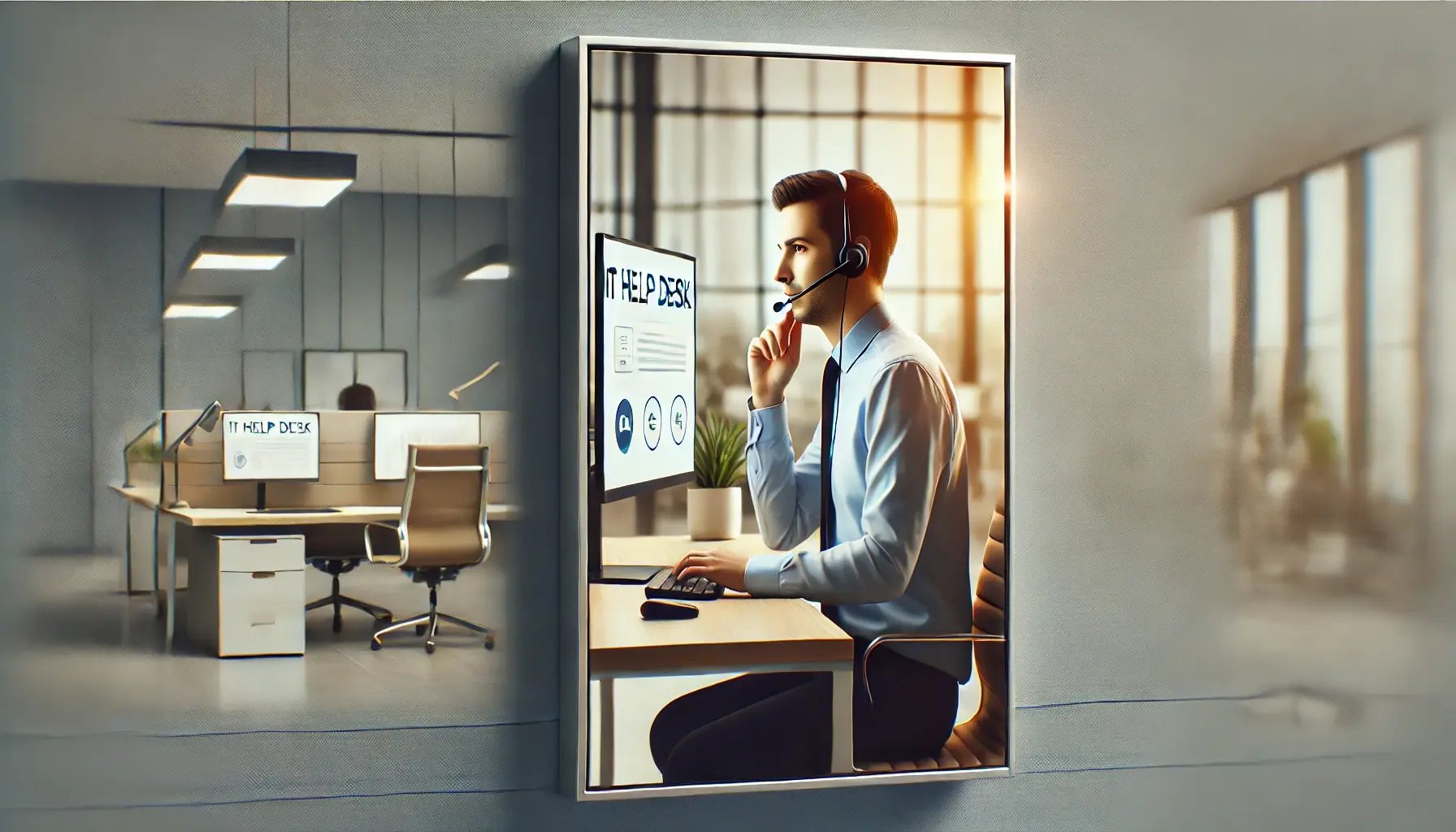 DALL·E 2024-10-09 14.46.33 - A realistic, photo-style rectangle image of an IT help desk person on a call with a client. The help desk person is seated at a modern desk with a com